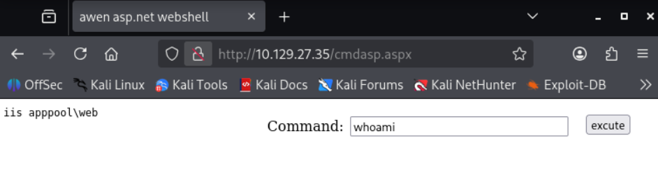Ejecución de whoami en la webshell ASPX